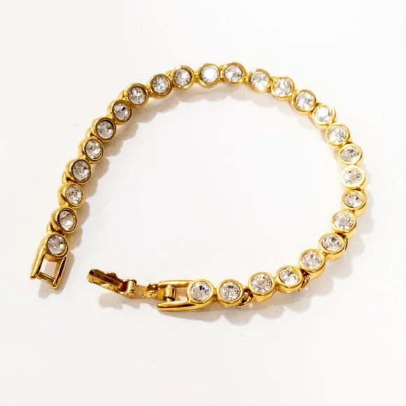 SWAROVSKI Signed Swan Vintage Tennis Bracelet Gold Tone Round Crystal 20cm Long - Picture 3 of 5